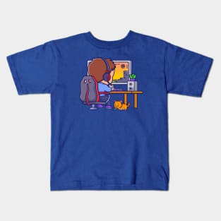 Cute Boy Gamer Playing Game On Computer Cartoon Kids T-Shirt